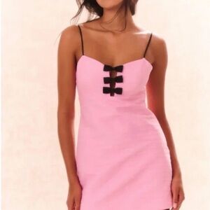 LoveShackFancy Adelaide Tweed Mini Dress in Pirouette Pink with Black Bows Sz 6
